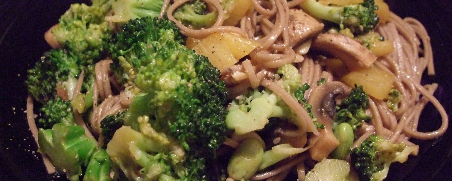 Mushroom broccoli noodle stir fry